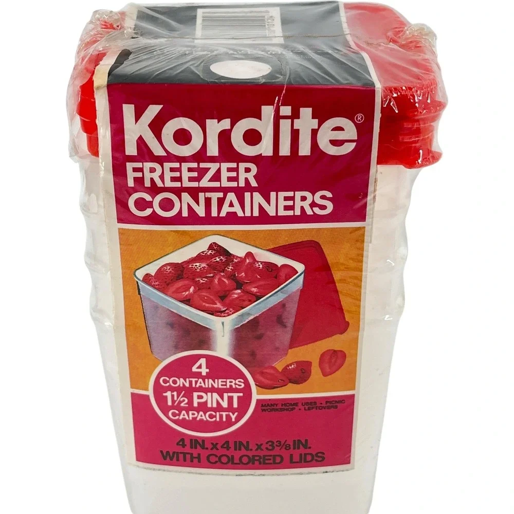 Vintage Kordite Freezer Containers 1.5 Pint Set of 4 Red Lids 1978 New Sealed